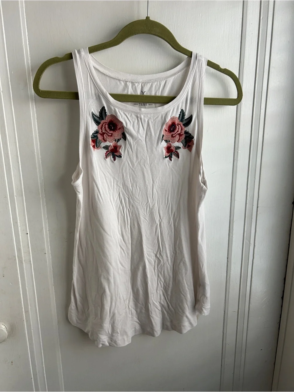 American Eagle Outfitters White Tank Top with Pink Floral Embroidery